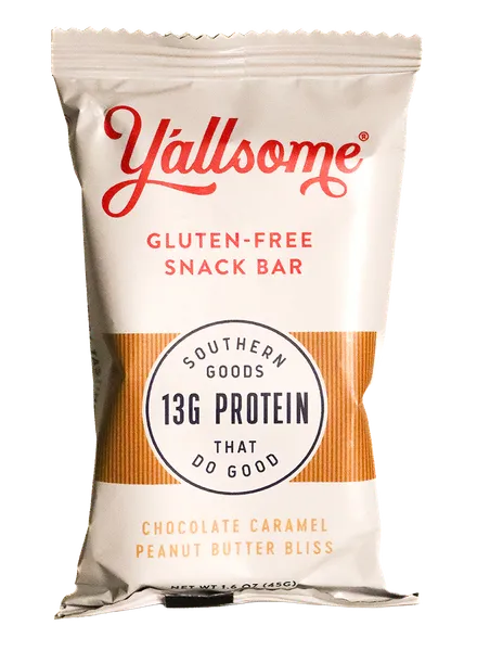 Y'allsome Chocolate Caramel Peanut Butter Bliss protein bar — 13g protein, gluten-free
