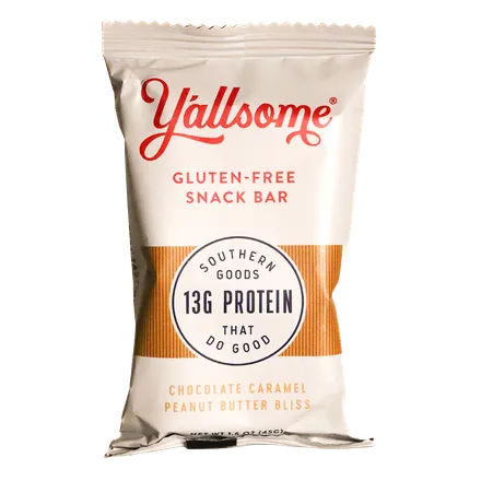 Y'allsome Chocolate Caramel Peanut Butter Bliss protein bar — 13g protein, gluten-free